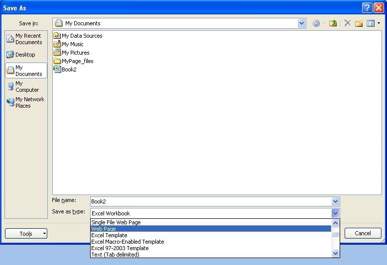 Click the Save as type list arrow, and then click Web Page.
