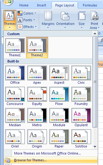 Click the Page Layout tab. Click the Themes button and then click Browse for Themes.