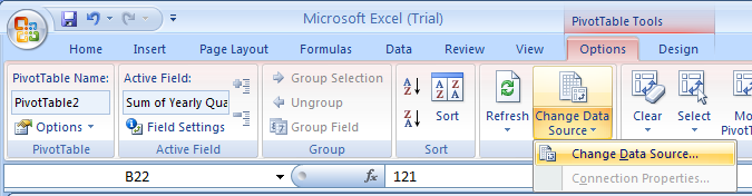 Click the PivotTable report. Click the Options tab. Click the Change Data Source button