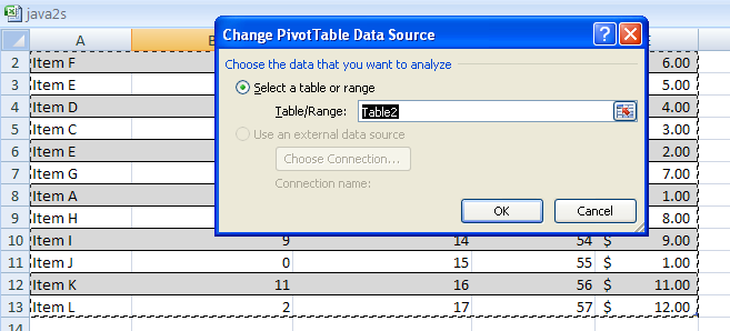 Click the Select a table or range option, or click the Use an external data source and specify a connection.