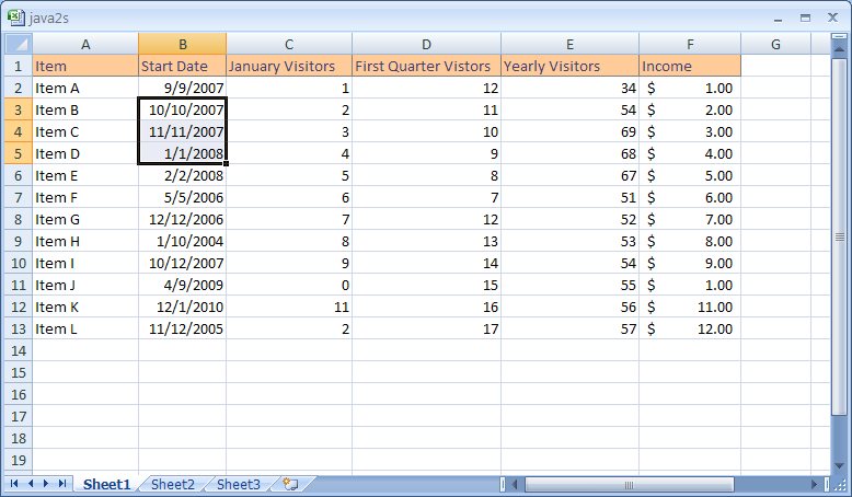 Click the first cell in the range. Drag the mouse to the last contiguous cell and then release the mouse button.