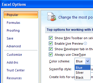 In the left pane, click Popular. Click Color Scheme. Click OK.