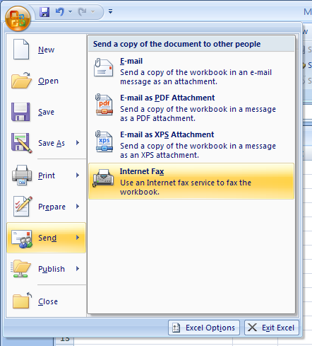 Click the Office button, point to Send, and then click Internet Fax.