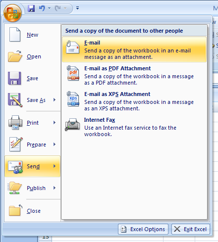 Click the Office button, point to Send, and then click E-mail.