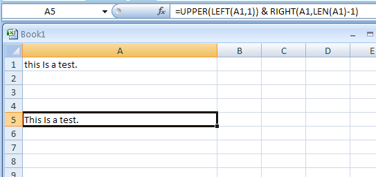 Input the formula: =UPPER(LEFT(A1,1)) & RIGHT(A1,LEN(A1)-1)