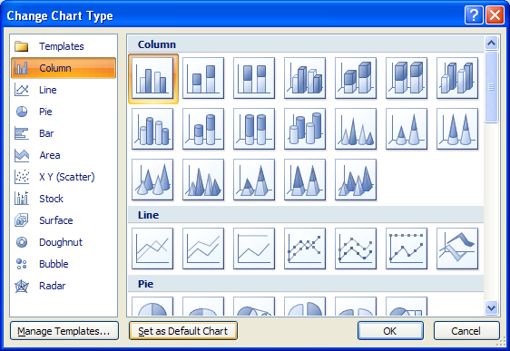 In the Insert Chart dialog box, select the chart type and chart subtype.