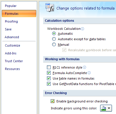 Click Formulas. Select the Enable background error checking.