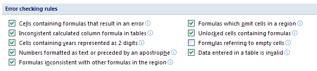 Select the error checking rules check boxes you want to use.