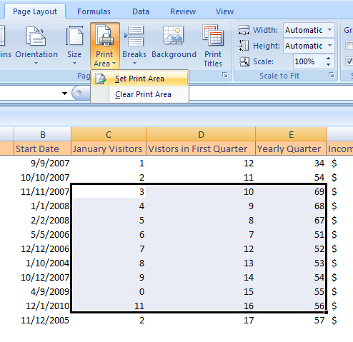 Click the Page Layout tab. Click the Print Area button. Then click Set Print Area.