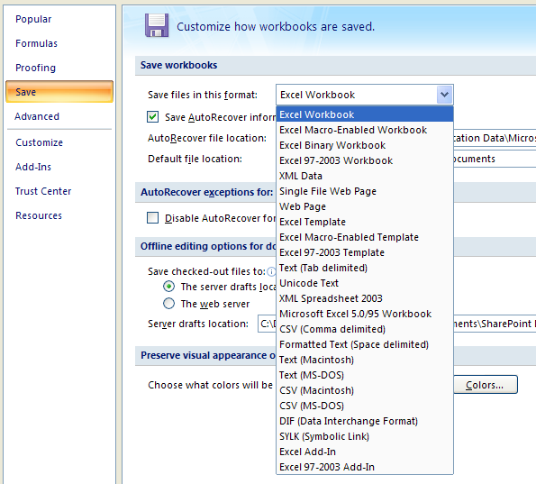 Click Save. Then click Save files in this format list arrow. Then click the default format you want.