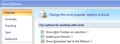In the left pane, click Popular. Click Show Developer tab in the Ribbon. Click OK.
