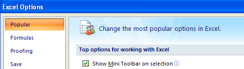 In the left pane, click Popular. Click Show Mini Toolbar on Selection. Click OK.