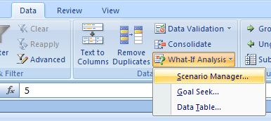 Click the Data tab. Click the What-If Analysis button, and then click Scenario Manager.