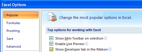 In the left pane, click Popular. Select the Show Developer tab in the Ribbon.