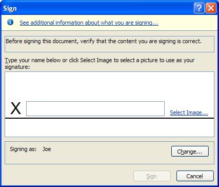 To select an image of your written signature, click Select Image.
