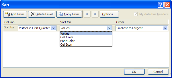 Click the Sort on and select: Values, Cell Color, Font Color, or Cell Icon.