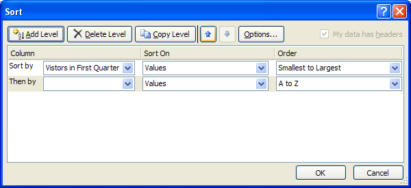 To change the sort order, select a sort, and then click Move Up or Move Down.
