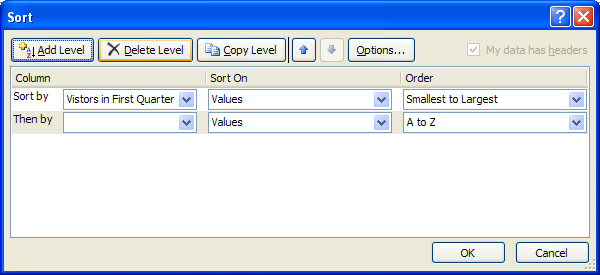 To delete or copy a sort level, select a sort, and click Delete Level or Copy Level.