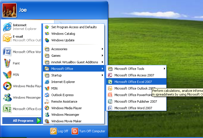 Click the Start button on the taskbar. Point to All Programs. Click Microsoft Office. Click Microsoft Office Excel 2007.
