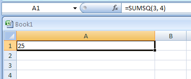 Input the formula: =SUMSQ(3, 4)