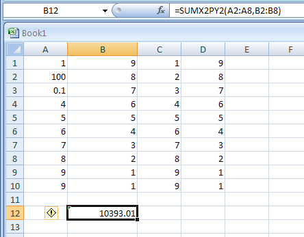 Input the formula: =SUMX2PY2(A2:A8,B2:B8)