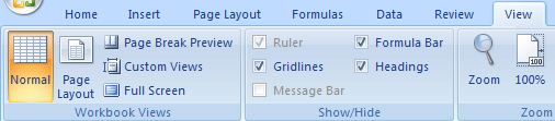 Or Click the View tab, and then click any of the following view buttons: Normal View, Page Layout View, Page Break Preview View, or Full Screen.