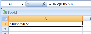 Input the formula: =TINV(0.05,50)