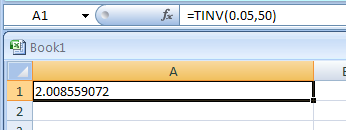 TINV(probability,degrees_freedom) returns the inverse of the Student's t-distribution