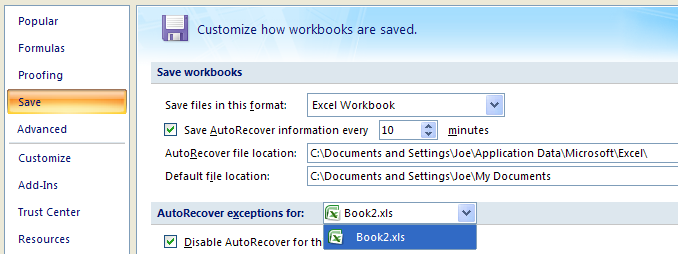 Click Save. Click the File list arrow. Select the workbook you want to disable.