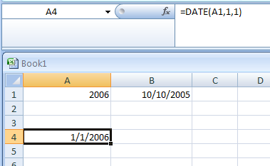 Input the formula: =DATE(A1,1,1)