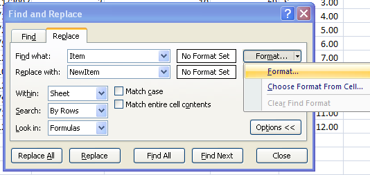 Click the Format button next to Replace with, specify the formatting you want to replace, and then click OK.