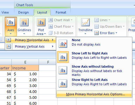 Point to Primary Horizontal Axis, and then click More Primary Horizontal Axis Options.