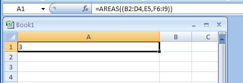 Input the formula: =AREAS((B2:D4,E5,F6:I9))