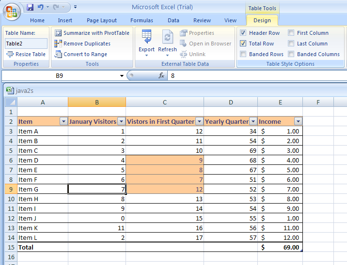 Click a cell in a table. Click the Design tab under Table Tools. Select the Total Row check box.