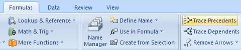 Click the Formulas tab. Click the Trace Precedents button to find cells that provide data to a formula.