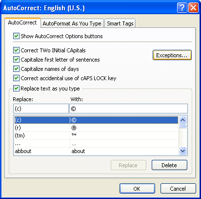 To change AutoCorrect exceptions, click Exceptions