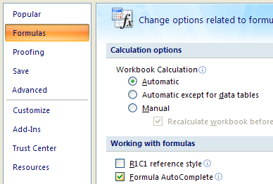 Click Formulas. Select the Formula AutoComplete check box.