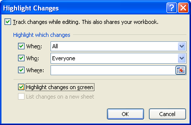 Select or clear the Highlight changes on screen or List changes on a new sheet check boxes.