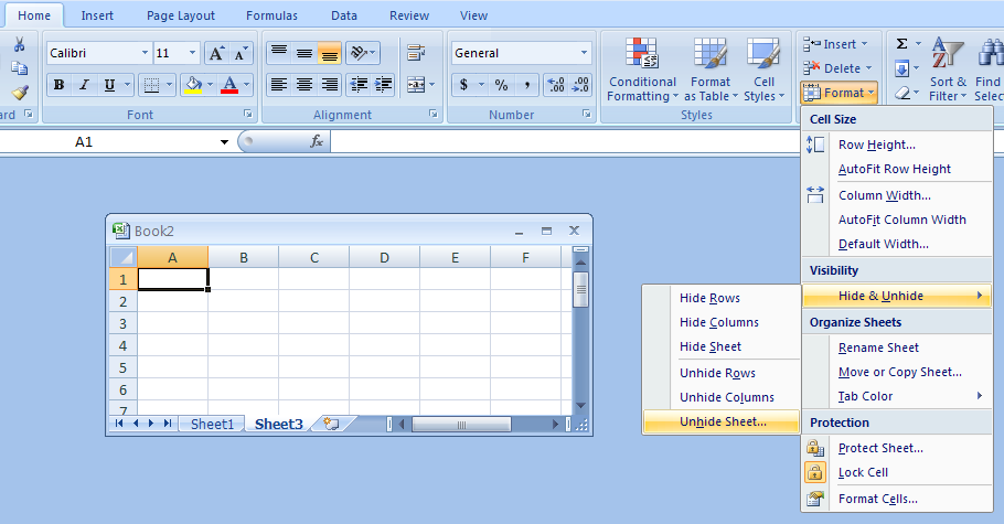 Click the Home tab. Click the Format button. Point to Hide & Unhide, and then click Unhide Sheet.