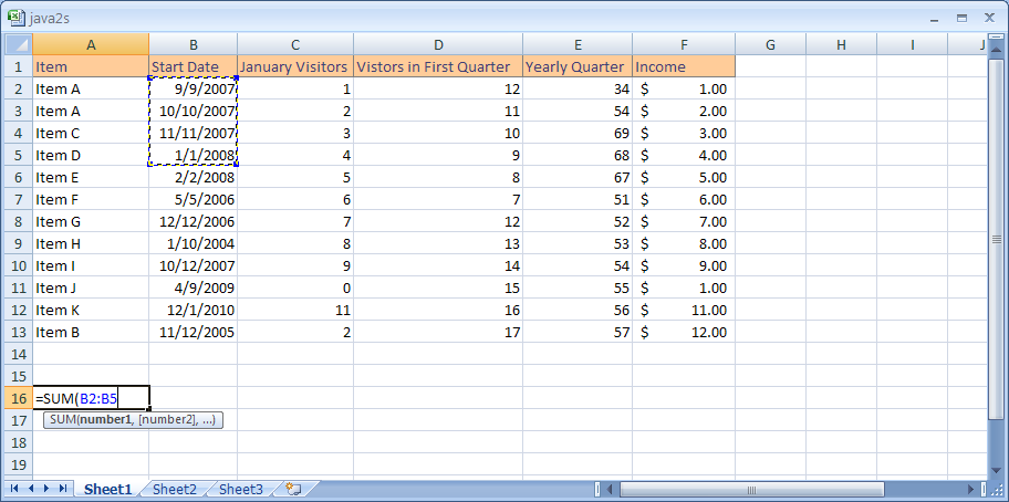 Click B2, and then drag to select B2 to B5. Excel enters the range address for you.