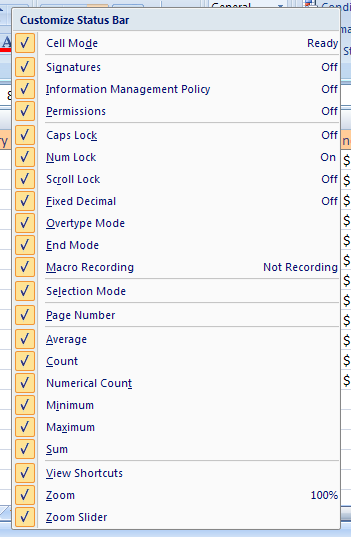 The Status bar also allows you to check the on/off status of certain features, such as Signatures, Permissions, Selection Mode, Page Number, Caps Lock, Num Lock, Macro Recording and Playback, and much more.