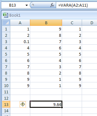 VARA(value1,value2,...) estimates variance based on a sample, including numbers, text, and logical values