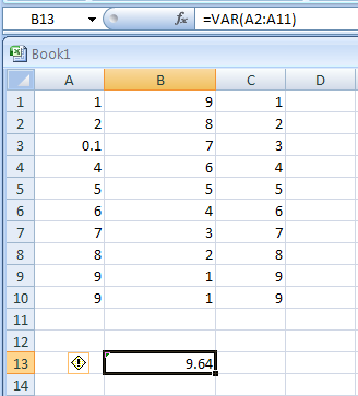 Input the formula: =VAR(A2:A11)