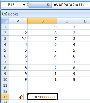 VARPA(value1,value2,...) calculates variance based on the entire population, including numbers, text, and logical values