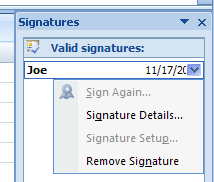 Point to a signature, and then click the list arrow.