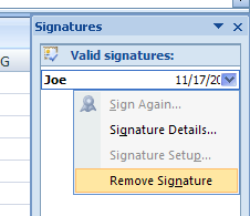 To remove a signature, point to a signature, click the list, click Remove Signature, click Yes.