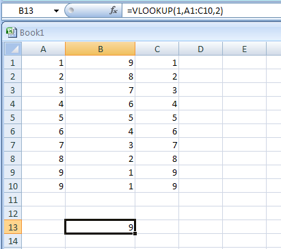 Input the formula: =VLOOKUP(1,A2:C10,2)