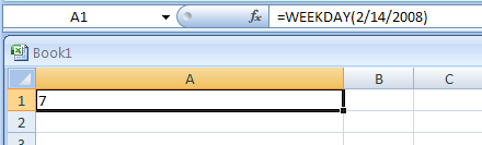 Input the formula: =WEEKDAY(2/14/2008)