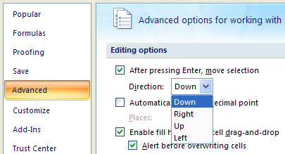 Click Advanced. Click the Direction list arrow. Select a direction
