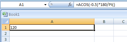 =ACOS(-0.5)*180/PI()